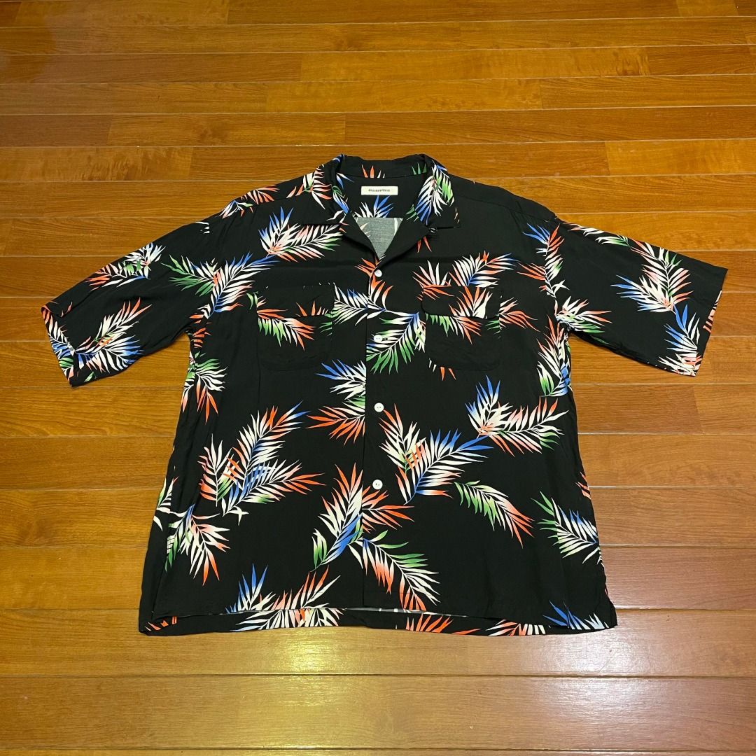 Monkey Time United Arrows 男滿版棕梠樹葉印花嫘縈休閒短袖襯衫夏威夷花襯衫日系風格潮流流行穿搭, 他的時尚, 上衣與西裝, T恤 Polo衫在
