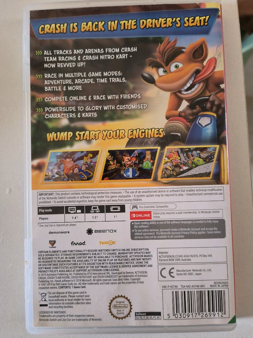 Nintendo Switch Game Crash Bandicoot Crash Team Racing CTR (Category: Nintendo) located in Hagunoy. Submitted by clubetcetera (Listing ID 1240669341, Image 2). Description: For Nintendo Switch 100% working Meet up around Malolos, Bulacan Shipping shouldered by buyer.