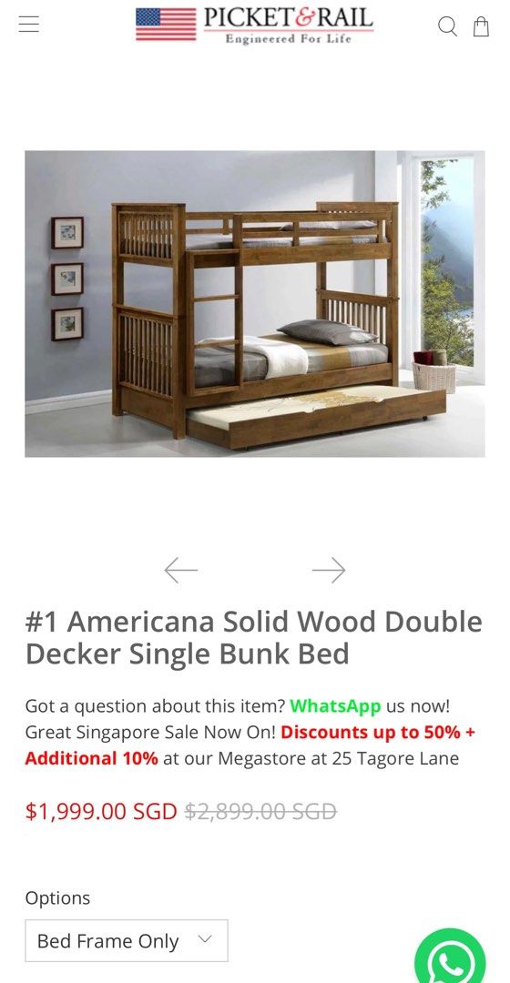 PICKET & RAIL solid wood double decker single bunk bed frame, Furniture