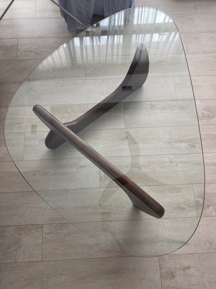 Picket and Rail Noguchi Inspired Glass/Wood Coffee Table, Furniture