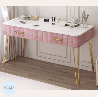Pink Marble Aesthetic Gold Vanity Desk Dresser Table With Cute Ribbon Chair