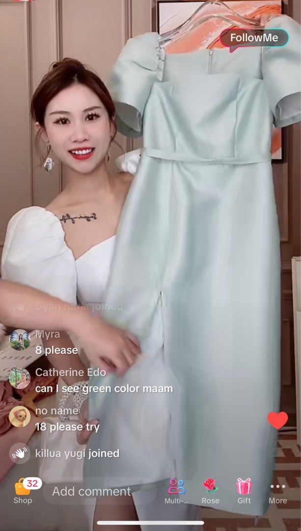 Puff sleeve dress with slit (Category: Evening dresses & gowns) located in Mandaluyong City. Submitted by declutterbydyan (Listing ID 1240795986, Image 2). Description: Used once for only 1 hour for pre nup photoshoot. Maliit size nito. Im size large, saktong sakto sakin XL. Color: mint green.