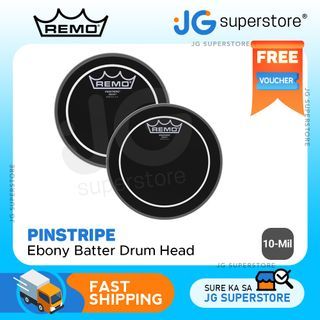 Remo 6" / 8" Pinstripe Ebony Batter Drum Head with Low End Tones, Sustain and Overtone Controlled Attack for Toms and Snare Drums (Black) | ES-0606-PS, ES-0608-PS | JG Superstore