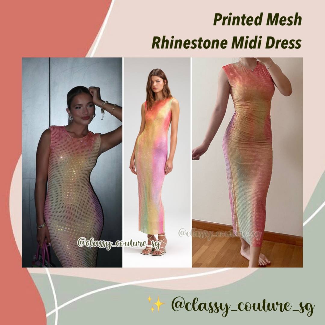 printed mesh rhinestone midi dress LENNON PRINTED MESH RHINESTONE MIDI DRESS