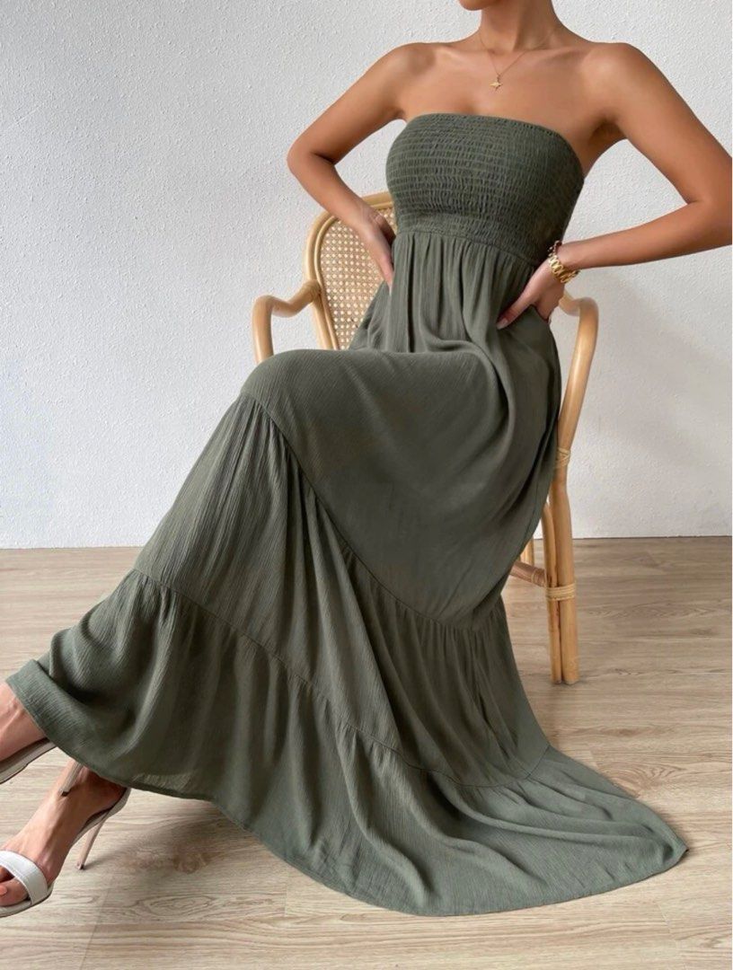 SHEIN Army Green Summer Ruffle Maxi Dress, Women's Fashion, Dresses & Sets,  Dresses on Carousell