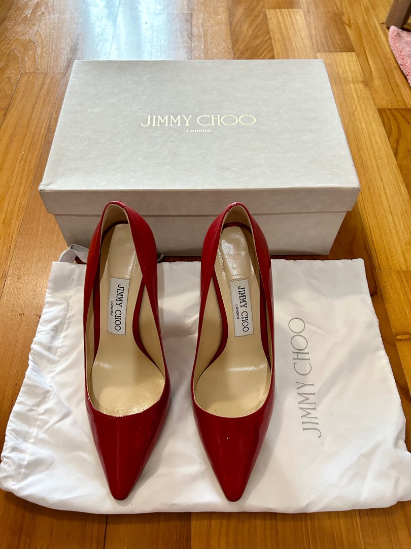 Size 36.5 Jimmy Choo ROMY 100 Red Patent Leather, Women's Fashion ...