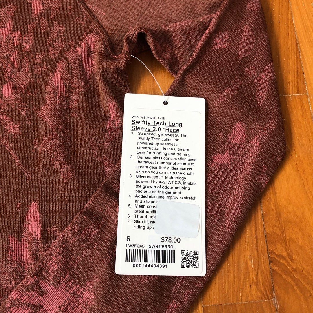 Size 6. NWT Lululemon Swiftly Tech Long Sleeve Shirt 2.0 *Race Length in  Shadow Bloom Roasted Brown / Brier Rose