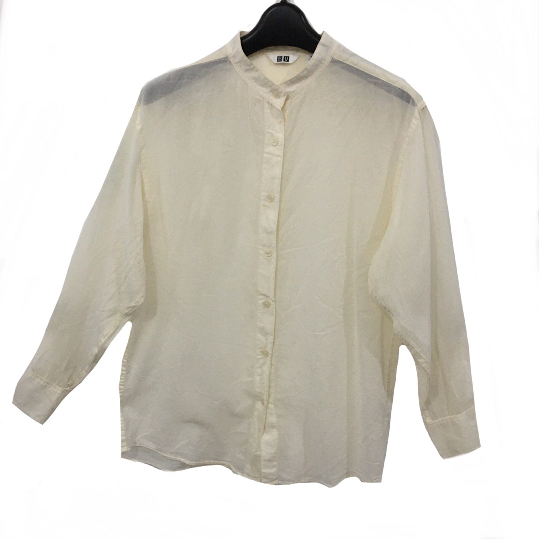 Uniqlo U Sheer Band Collar Off White Tops, Women's Fashion, Tops