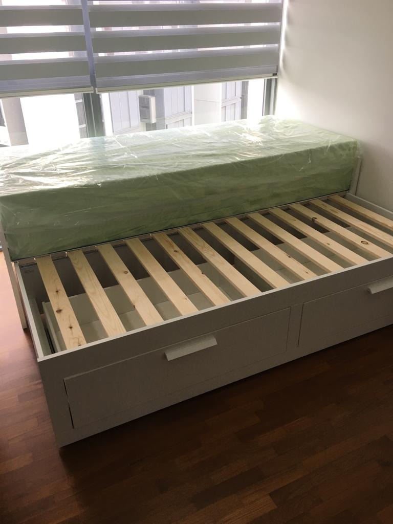 Used IKEA SL KT Bed frame with underbed and storage white