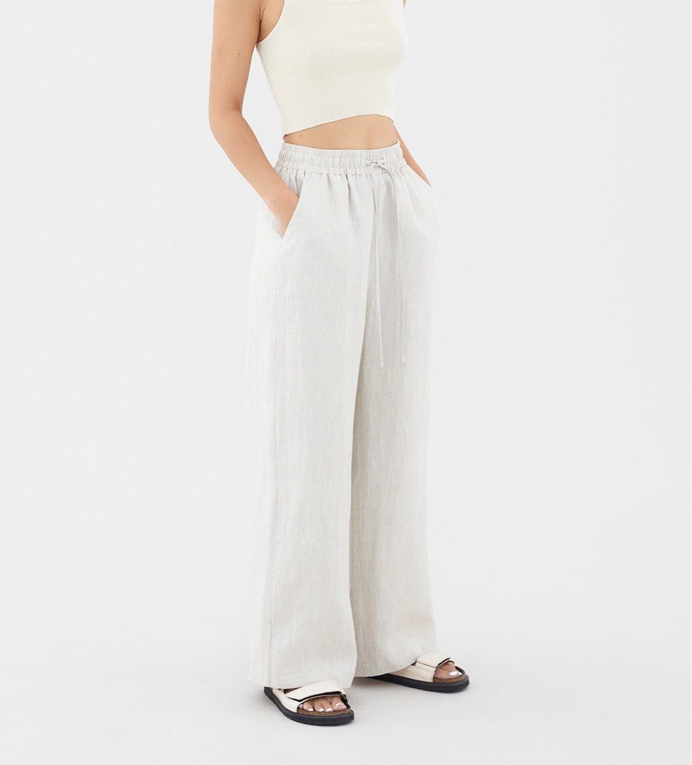 White linen drawstring pants womens hot sale