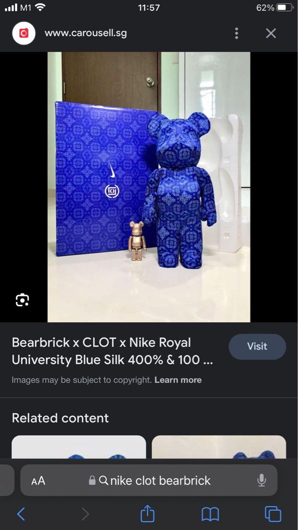 Bearbricks (Category: Designer & Blind Box Toys) located in Singapore. Submitted by blueskiesemptyminds (Listing ID 1244270168, Image 3). Description: Bearbricks Kaws Tension 400% : $1200 Bearbrick X CLOT X Nike Royal University Blue Silk 400% : $800 Bearbricks X CLOT X Medicom Toy “Summer Fruits” 1000% : $4200 Take all $6000 (inclusive delivery) All Sealed & Brand New In Box Selling due to moving house no space 💔.