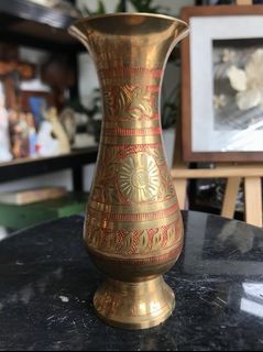 Brass Enamel Vase / Brass Flower Vase / Brass Vase / Etched Brass Vase / Brass Flower Vase / Bud Vase / Gold Vase / Red Brass Vase