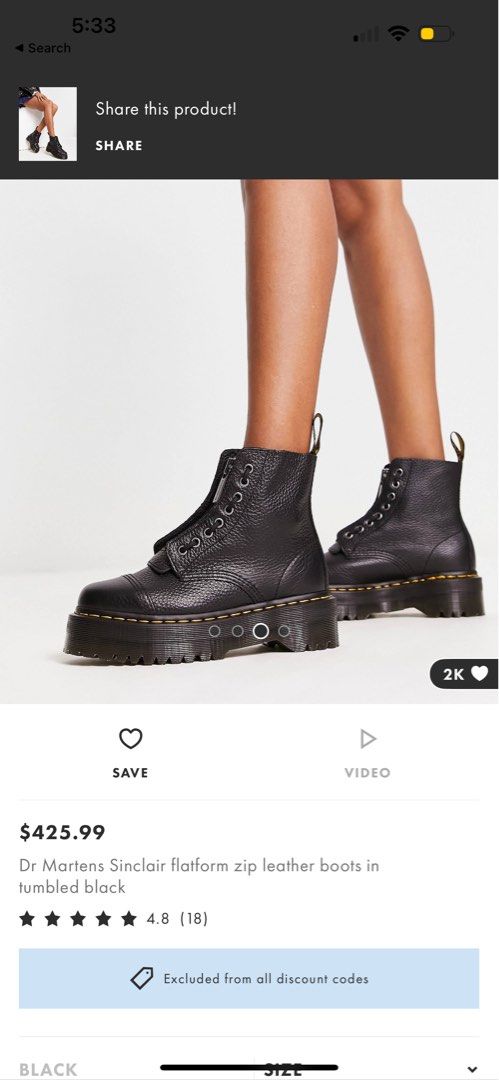 Dr martens sinclair flatform sale zip leather boots in black