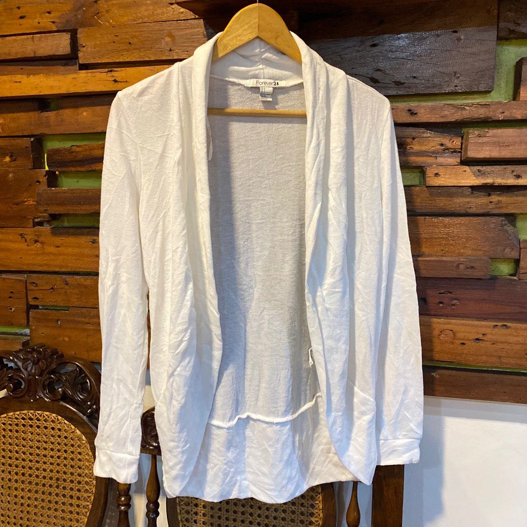FOREVER21 White ecru open drape waterfall thin knit comfy cardigan Women s Fashion Coats Jackets and Outerwear on Carousell
