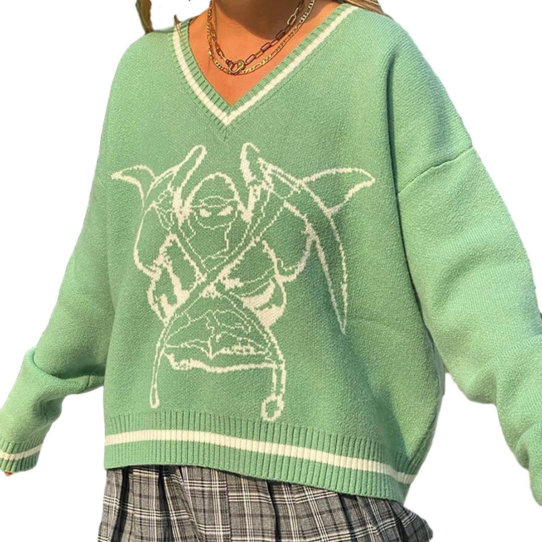 Green Knit Y2K V-Neck sweater, Women's Fashion, Tops, Longsleeves on ...