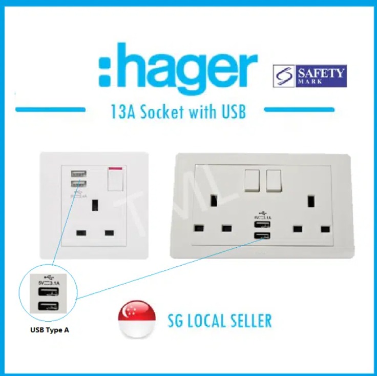 Hager Muse Single Socket Double Socket with USB A Safety Mark Approved