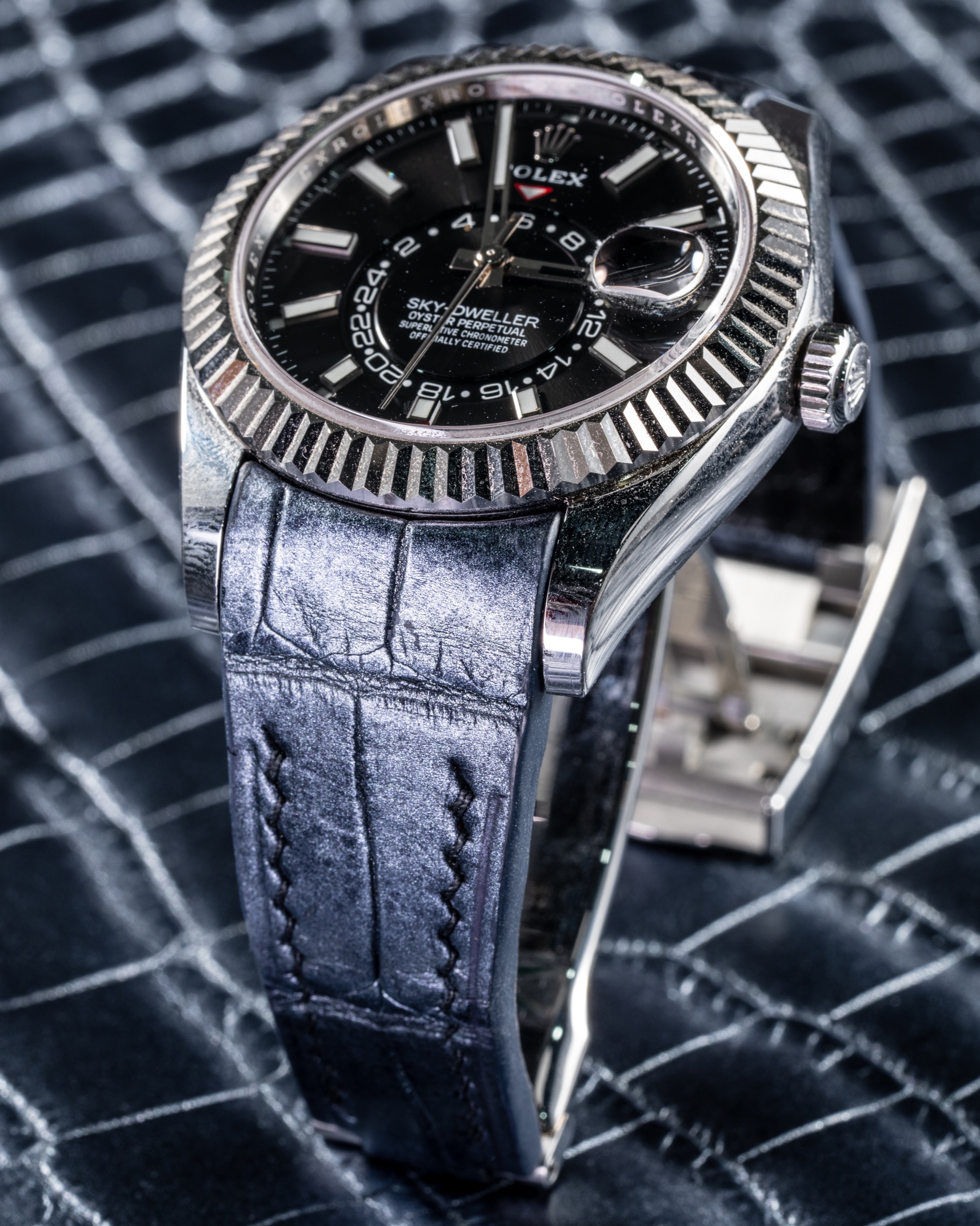 Handmade Hand stitched Watch Strap in Metallic Black Alligator Leather For Client s Rolex Sky Dweller 326934 Watch Luxury Watches on Carousell
