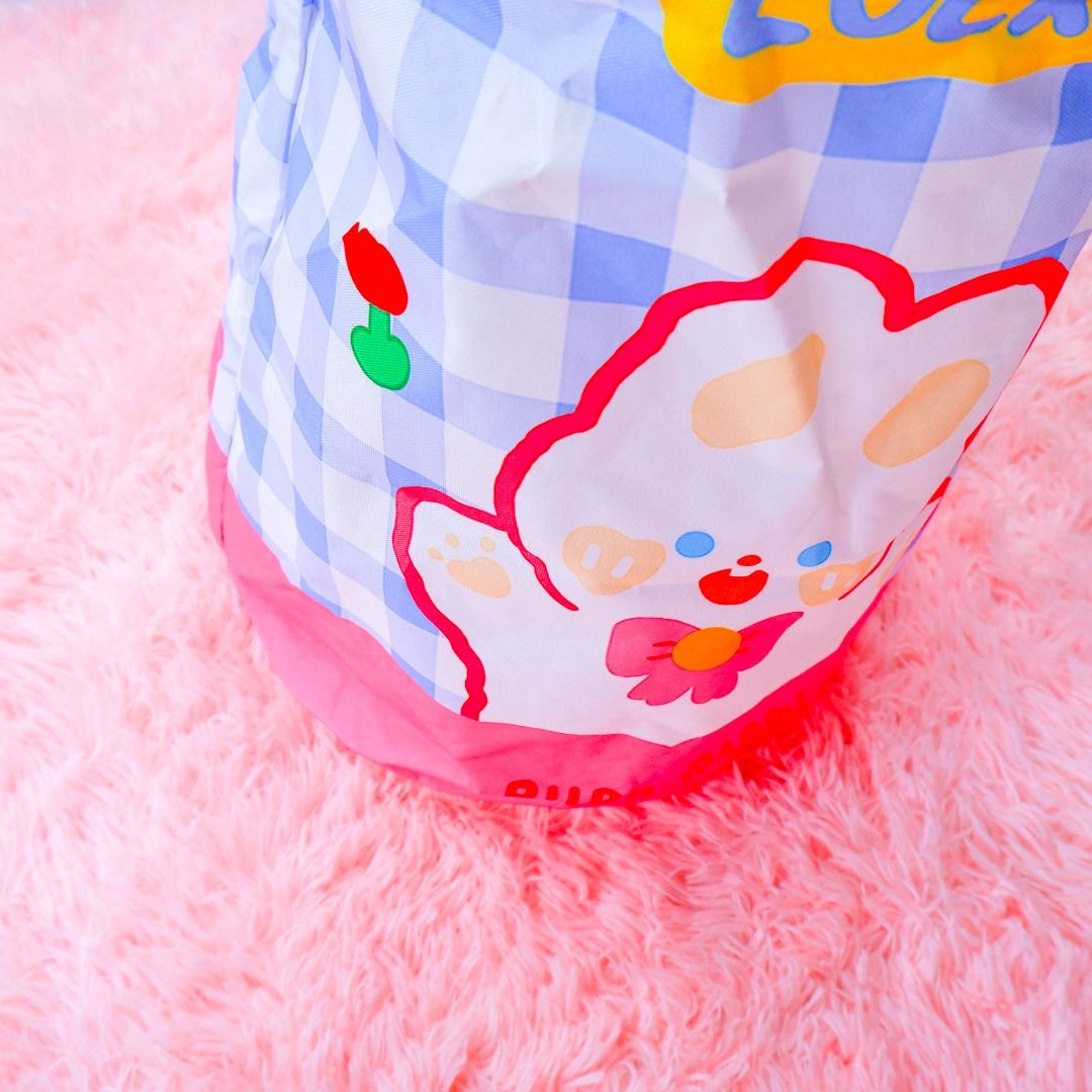 Kawaii Pastel Laundry Basket Korean Oxford Cloth Cute Character Blue Gingham Foldable Bunny