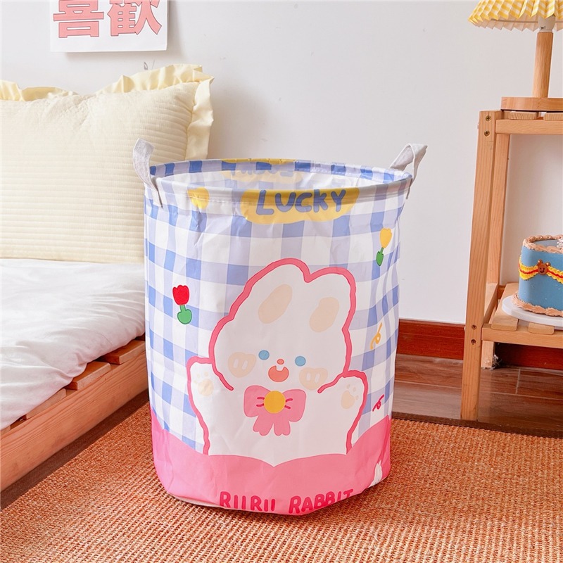 Kawaii Pastel Laundry Basket Korean Oxford Cloth Cute Character Blue Gingham Foldable Bunny