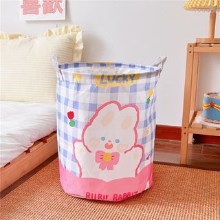Kawaii Pastel Laundry Basket | Korean Oxford Cloth Cute Character Blue Gingham Foldable Bunny Storage