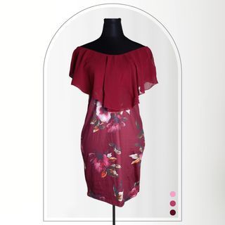 Maroon Off-shoulder Floral Dress