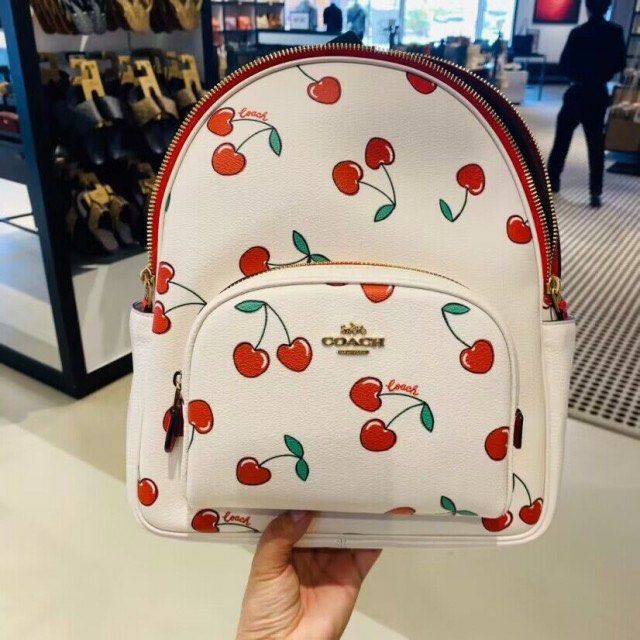 New Coach Original CE628 Court Backpack with Heart Cherry Print Women Backpacks with Full Set of Coach Package