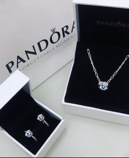Pandora Blue Pansy Flower Necklace & Hoop Earring Set