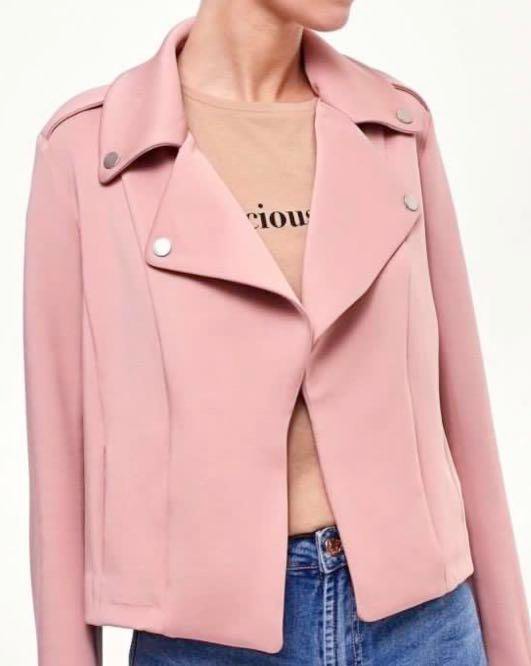 Stradivarius Pink Neoprene Biker Jacket, Women's Fashion, Coats