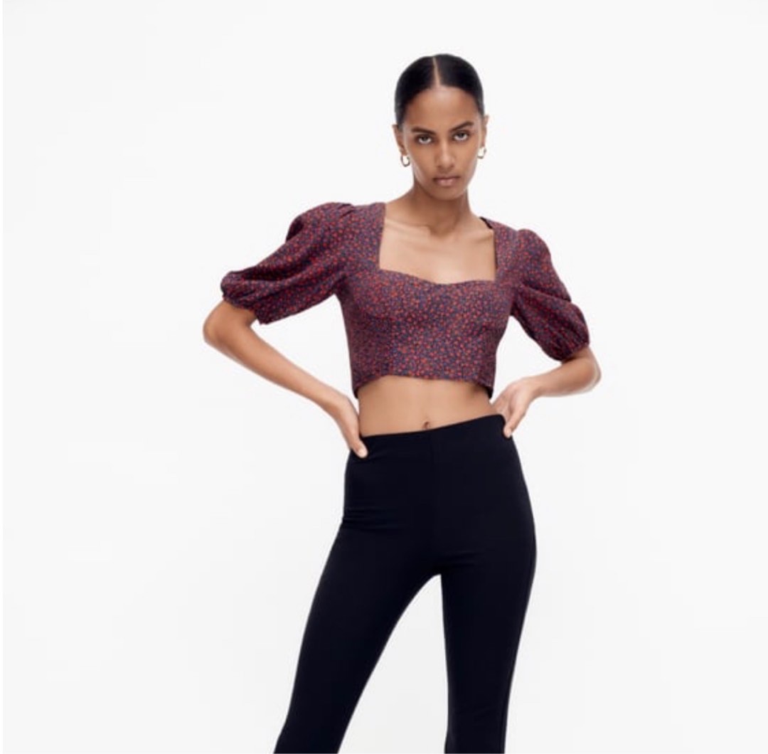 Zara puff sleeve floral crop top, Women's Fashion, Tops, Blouses on Carousell