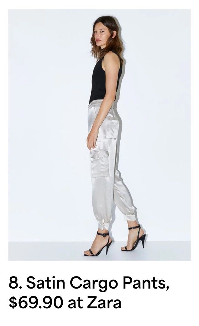 Zara Satin Cargo Pants (Category: Other Bottoms) located in Caloocan City. Submitted by val02 (Listing ID 1244110761, Image 1). Description: impulsive buyer, na stored lang sa closet size large in tag, garterized, can stretch up to 33 inches.
