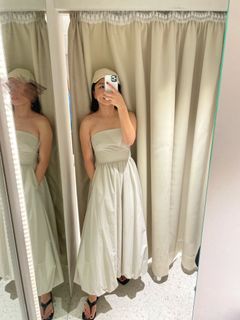 二手轉賣 Zara 無肩帶平口休閒卡其杏澀澎澎氣球連身裙 洋裝