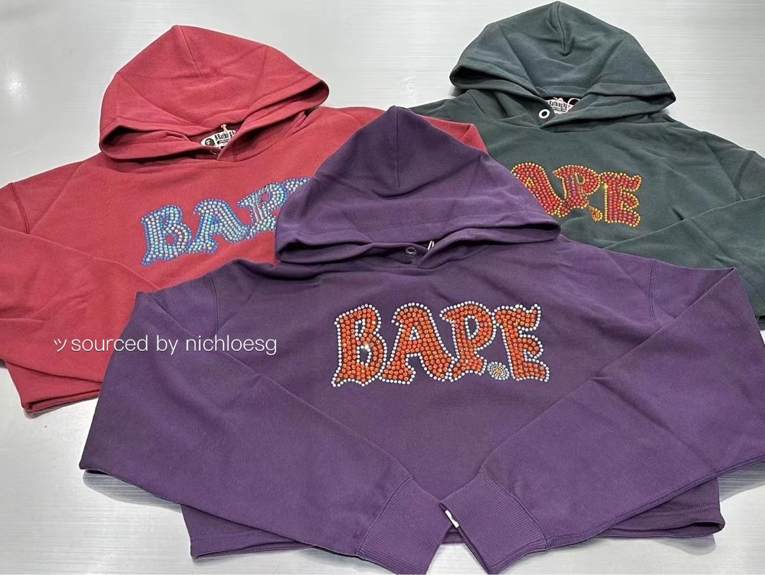 BAPE CRYSTAL STONE BAPE CROPPED PULLOVER HOODIE, Women's Fashion