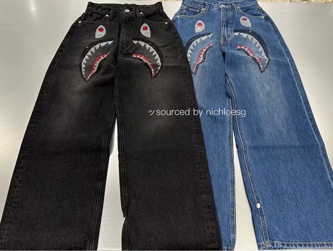 BAPE CRYSTAL STONE SHARK HIGH WAIST DENIM PANTS, Women's Fashion ...