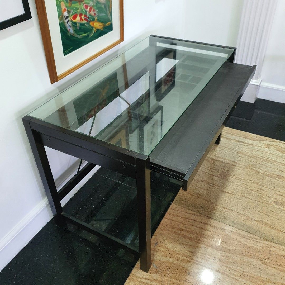 Furniture Republic Dark Brown Wood Modern Desk with Glass Top Large