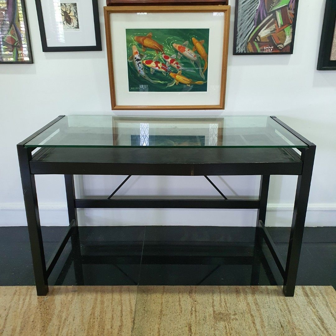 Furniture Republic Dark Brown Wood Modern Desk with Glass Top Large