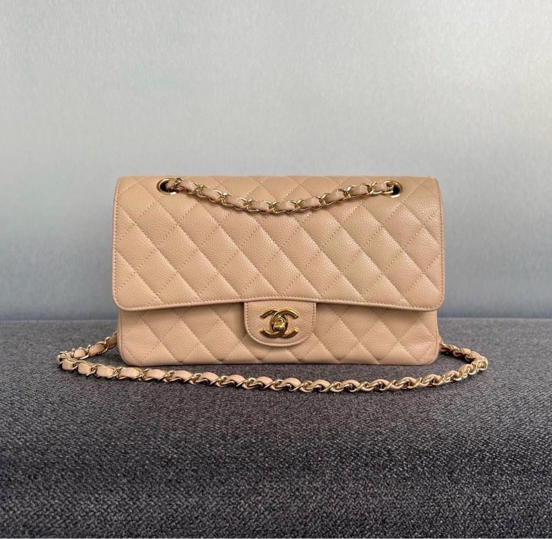 Chanel Classic Double Flap Medium Caviar Beige / Ghw, Luxury, Bags