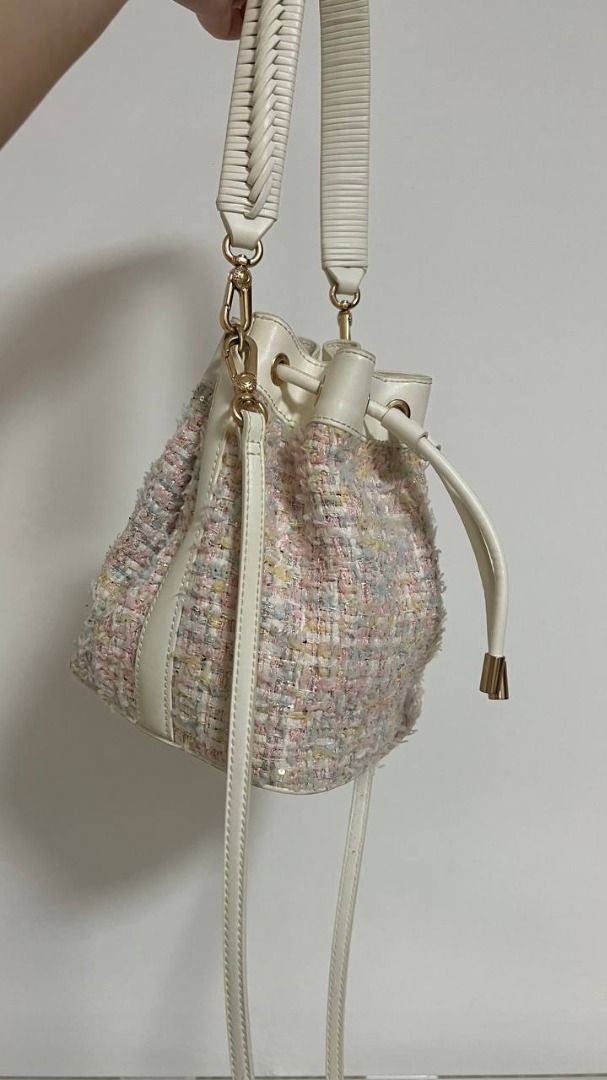 Light Pink Woven Handle Tweed Bucket Bag - CHARLES & KEITH International