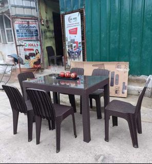 Dining set rattan table and chair set with top glass
