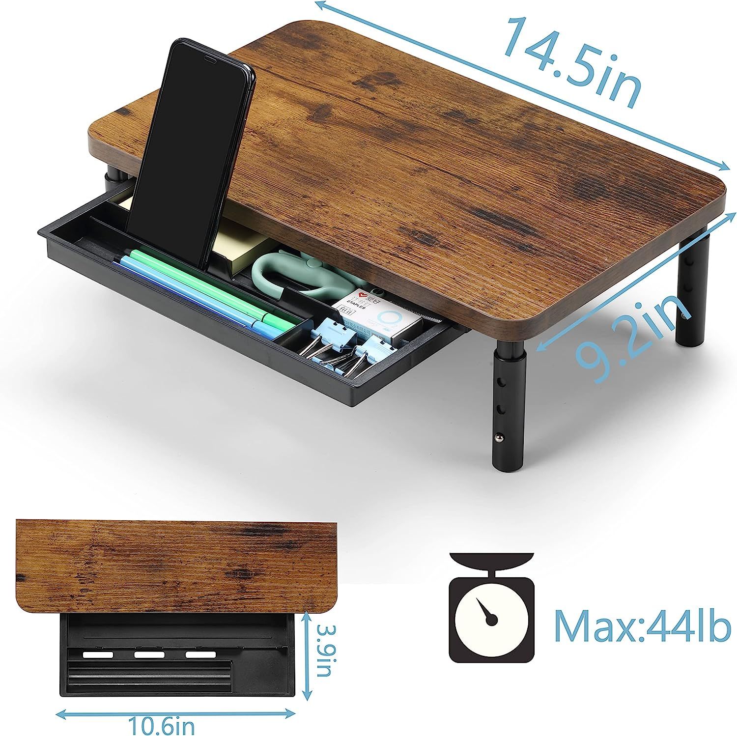ETHU Monitor Stand Riser 3 Height Adjustable Desktop Stand with Storage Drawer for Printer Laptop PC Office and Home Desk Accessories Wood