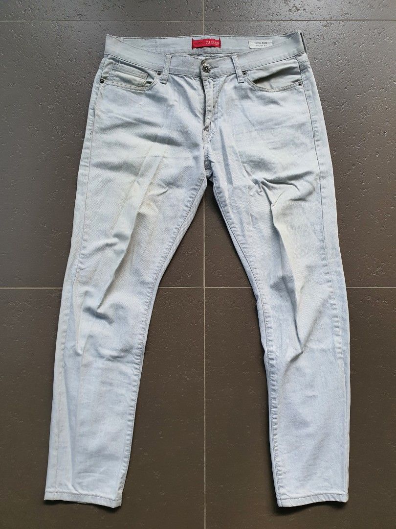 Guess Ultra Slim Denim Jeans (Category: Jeans) located in Muntinlupa City. Submitted by kdoe369 (Listing ID 1244425561, Image 1). Description: Guess Ultra Slim Denim Jeans Color: Vintage Antique White Cement Waist 34 See pics for dimes Yellow on thigh area, no other issues 500.