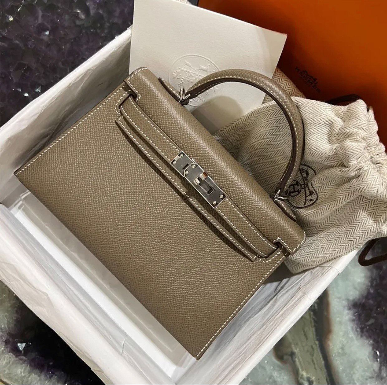 BNIB Hermes Mini Kelly Etoupe GHW, Luxury, Bags & Wallets on Carousell