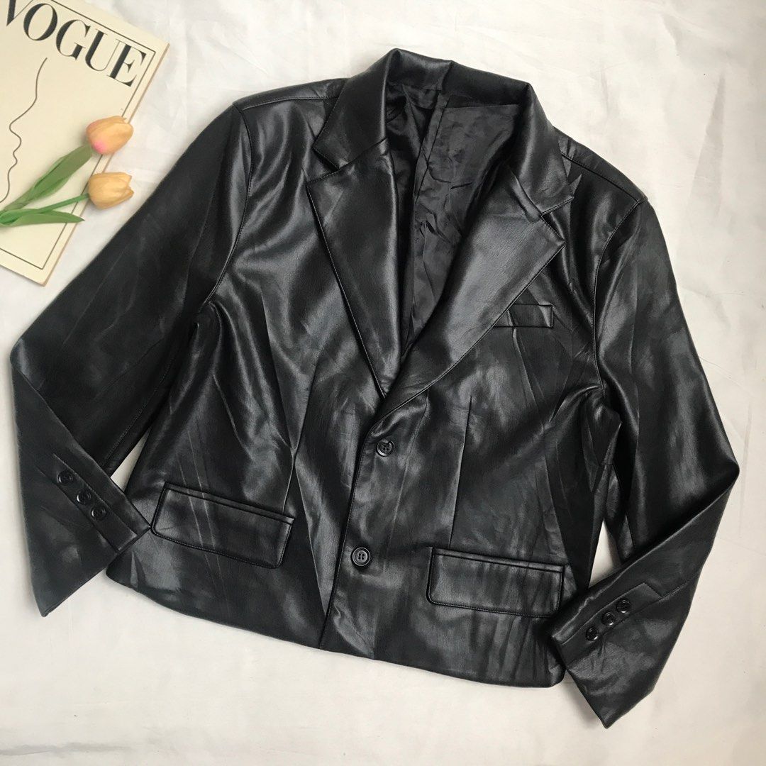 IRONY PORN(O) faux leather blazer jacket - 1004, Fesyen Wanita, Pakaian  Wanita, Baju Luaran di Carousell