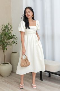 Kyrie Bubble Sleeve Ruched Midi Dress (Off-White) *defect