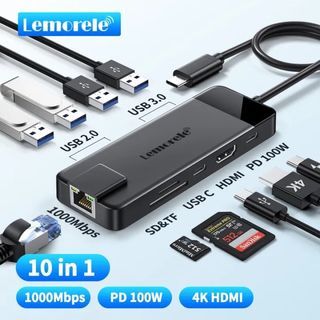 Lemorele USB C Docking Station 10 in 1 Adapter with HDMI 4k Gigabit Ethernet 4 USB-A DataType C 5Gbps 100w PD SD/TF