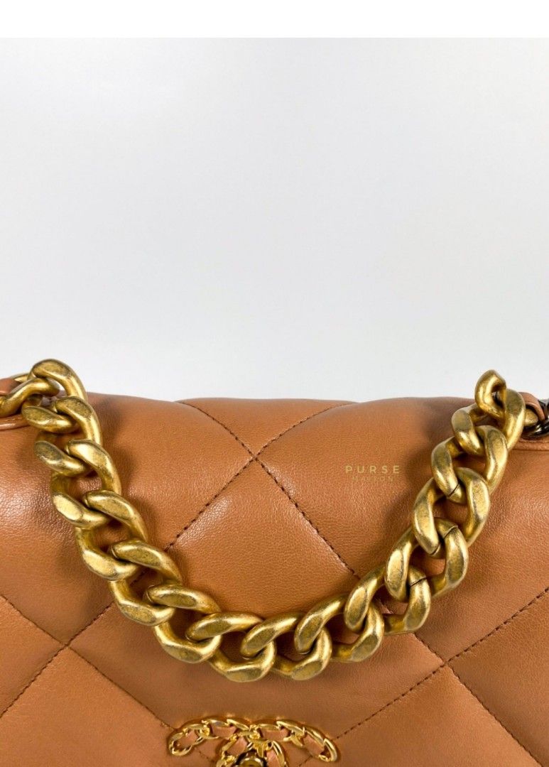 Like New condition Chanel 19 Small Caramel Flap Bag in Lambskin Aged Gold  HW (Series 31), Luxury, Bags & Wallets on Carousell