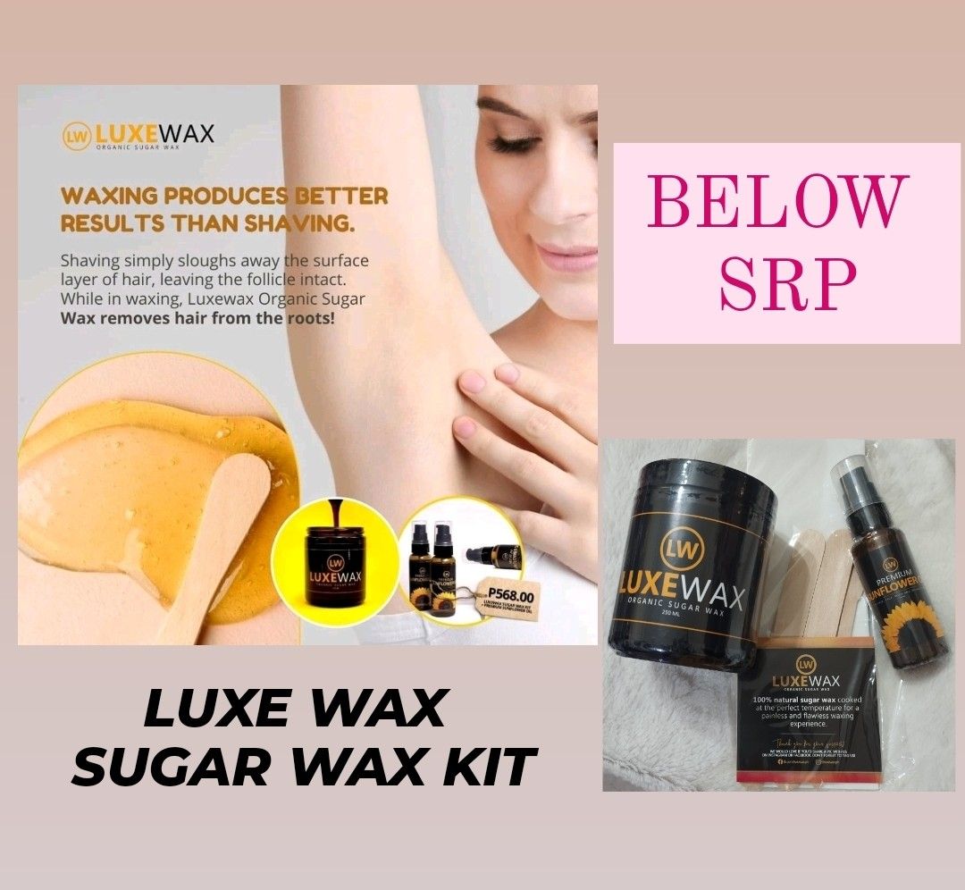 Luxe Wax below SRP sale (Category: Sanitary Hygiene) located in Quezon City. Submitted by fashionbazaarcollections (Listing ID 1244353584, Image 2). Description: luxe Wax kit with sunflower oil 3 sets available.