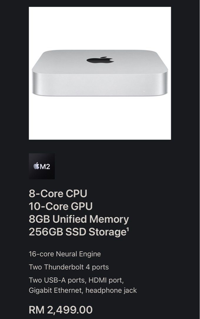 Mac Mini M2 (Category: Desktops) located in Kuala Lumpur. Submitted by simmax (Listing ID 1244449441, Image 2). Description: M2 8g 256 Got it as gift Best price not nego Wanna sell off To get MacBook Cod Klcc / sri damansara Warranty till Oct 2024 .