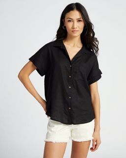 PAMBAHAYMNL Classic oversized black linen drop shoulder wide arm collared button polo short blouse top
