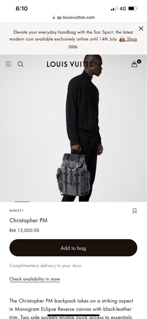 USED ** LOUIS VUITTON x SUPREME 100% AUTHENTIC LV CHRISTOPHER BACKPACK - BLACK