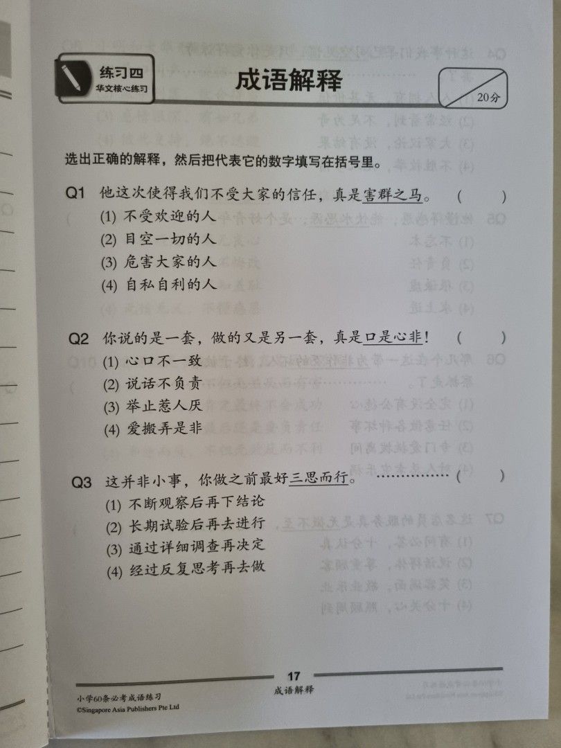 Primary School (Chinese / Higher Chinese) Exercises on 60 Idioms